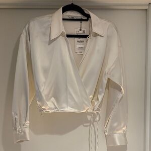 Zara Ivory Satin Wrap Blouse